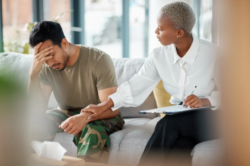 soldier and man in therapy for trauma counseling due to military war and talking army mental health